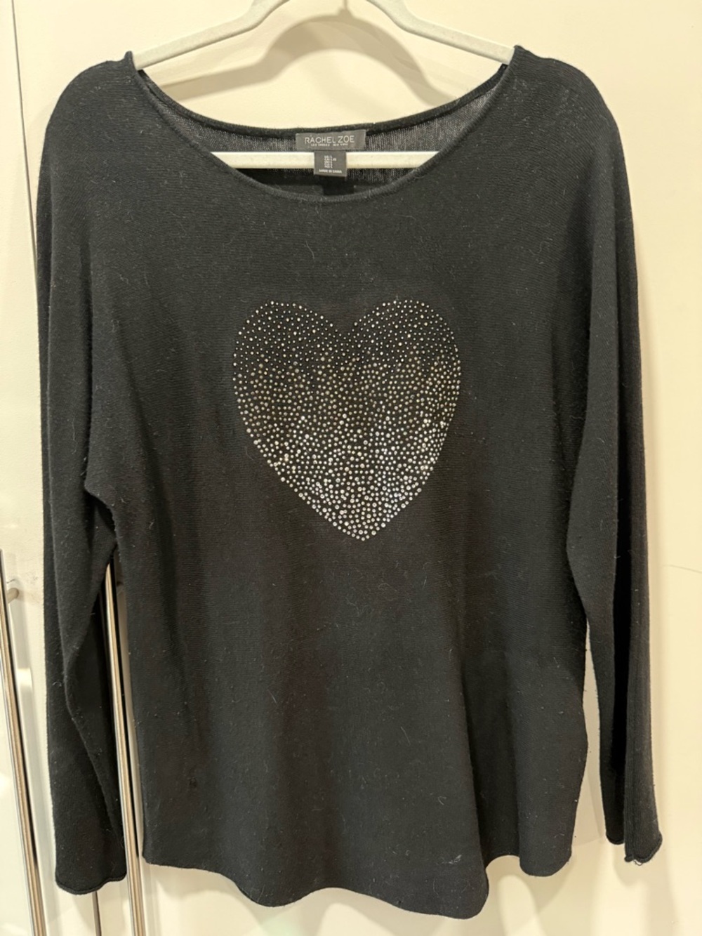 Rachel Zoe Black Rhinestone Heart Long-Sleeve Sweater